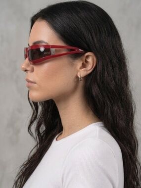 Vintage EXTE EX62501 Red Shield Wraparound Sunglasses Y2K Full Set Deadstock